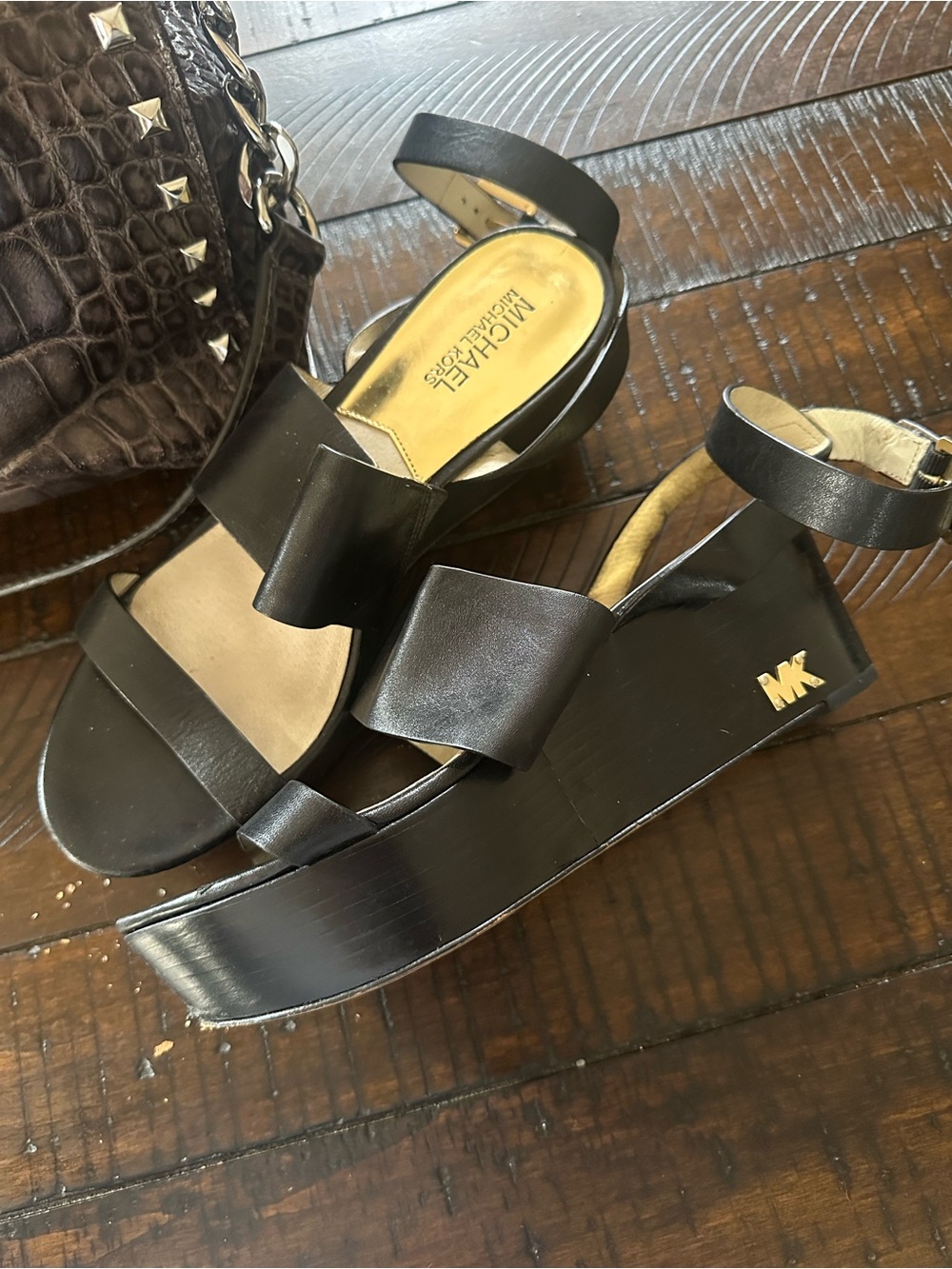 Michael Kors Black Platform Sandals with Gold MK Accent